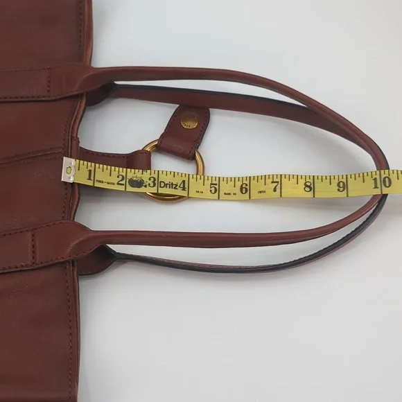 FRYE Cognac Brown Leather Ring Tote Handbag Purse Bag Carryall Large